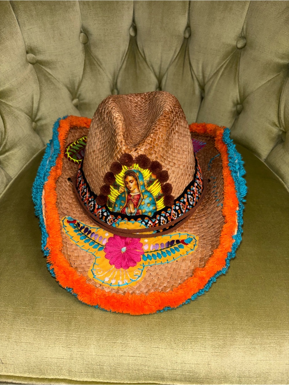 Bohemian Gypsy Queen Embroidered Raffia Straw Hat Fringe Brim medium - Picture 12 of 12